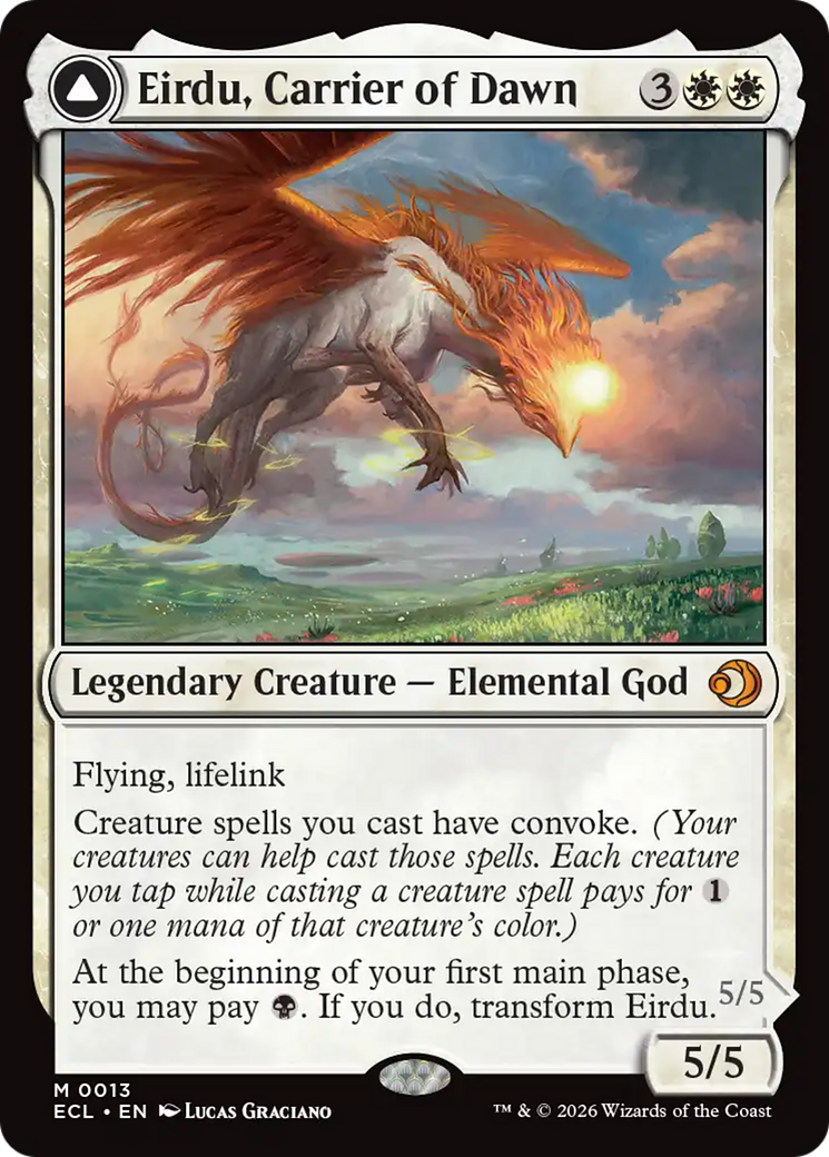 Eirdu, Carrier of Dawn // Isilu, Carrier of Twilight - Mythic Legendary Creature — Elemental God card from Lorwyn Eclipsed