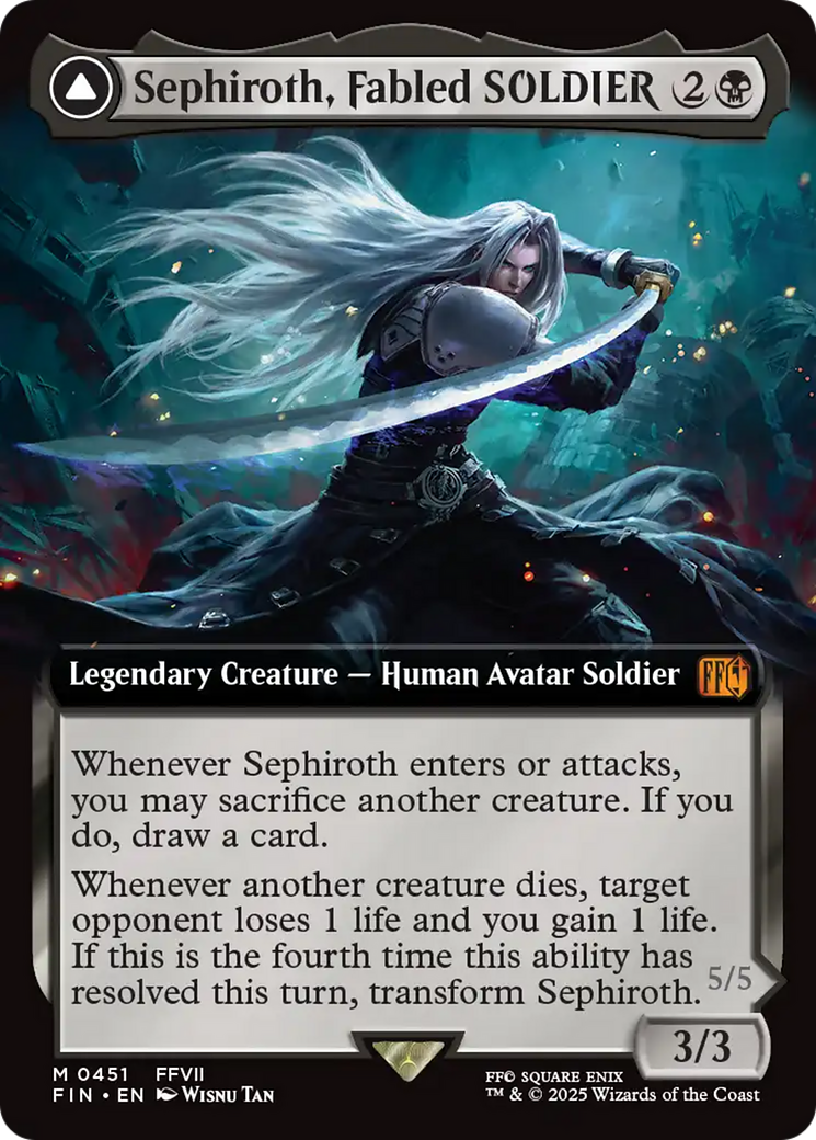 Sephiroth, Fabled SOLDIER // Sephiroth, One-Winged Angel - Mythic Legendary Creature — Human Avatar Soldier card from Final Fantasy