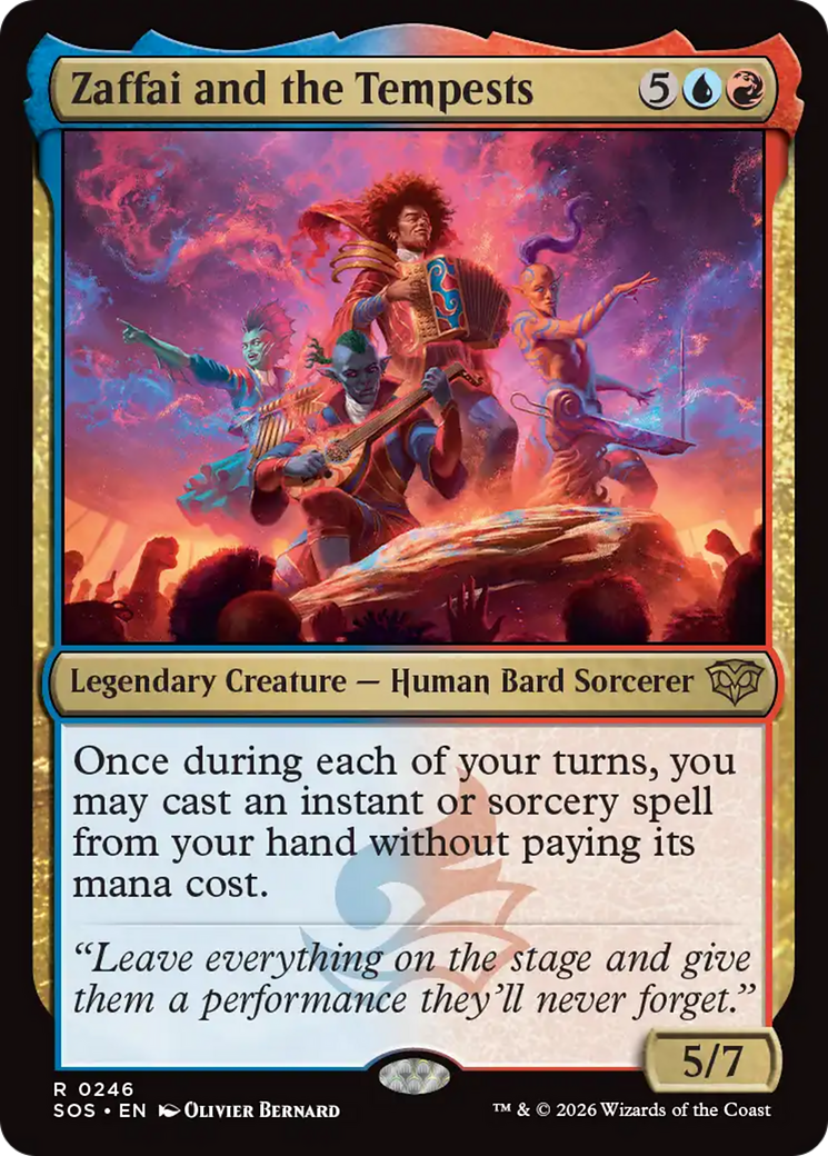 Zaffai and the Tempests - Rare Legendary Creature — Human Bard Sorcerer card from Secrets of Strixhaven