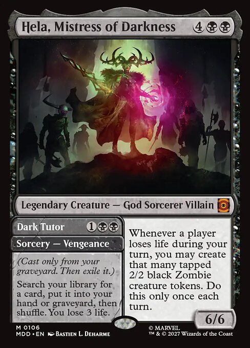 Hela, Mistress of Darkness // Dark Tutor - Mythic rare card from Marvel: Darkhold Destiny
