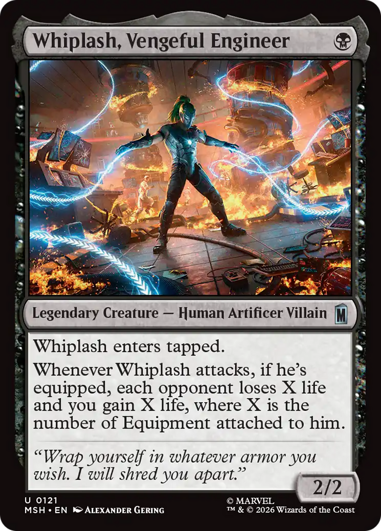 Whiplash, Vengeful Engineer - Uncommon Legendary Creature — Human Artificer Villain card from Marvel Super Heroes