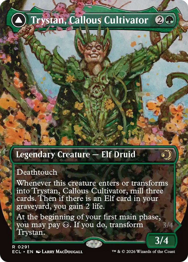 Trystan, Callous Cultivator // Trystan, Penitent Culler - Rare Legendary Creature — Elf Druid card from Lorwyn Eclipsed