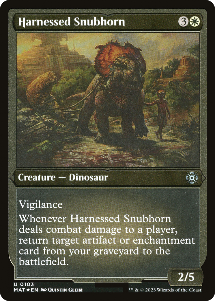 Harnessed Snubhorn - Uncommon Creature — Dinosaur card from March of the Machine: The Aftermath