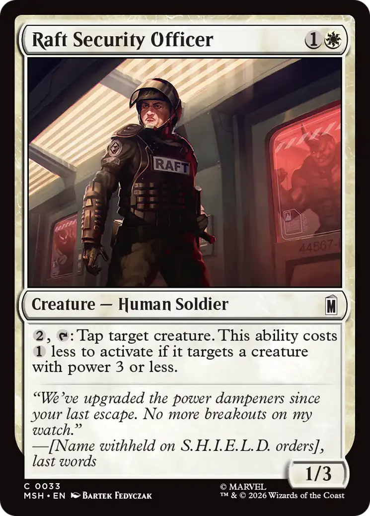 Raft Security Officer - Common Creature — Human Soldier card from Marvel Super Heroes