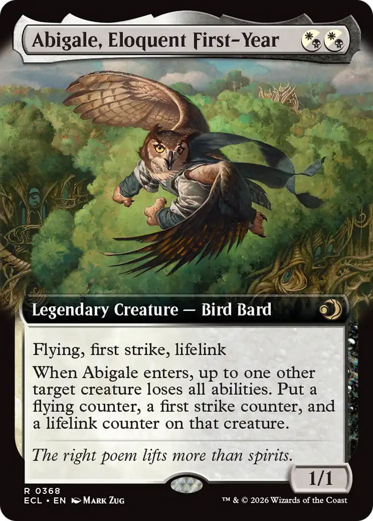 Abigale, Eloquent First-Year - Rare Legendary Creature — Bird Bard card from Lorwyn Eclipsed