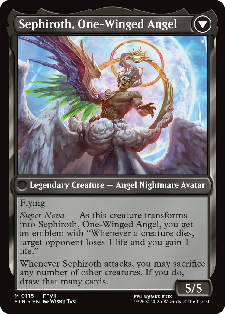 Back face of Sephiroth, Fabled SOLDIER // Sephiroth, One-Winged Angel - Legendary Creature — Angel Nightmare Avatar card