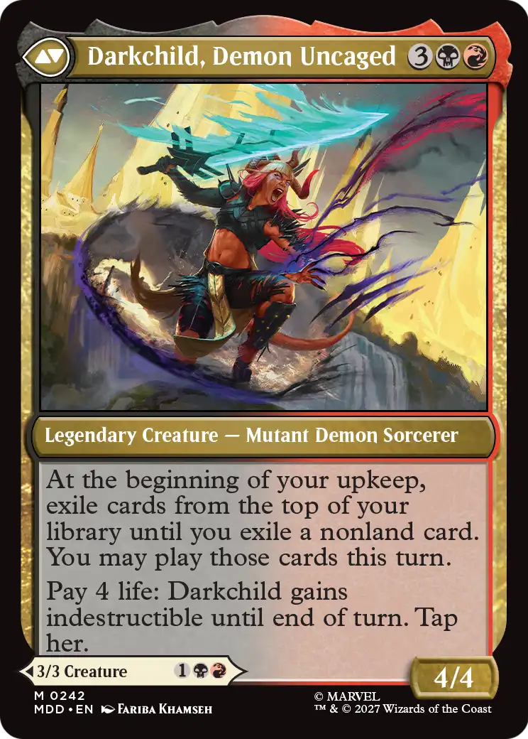 Back face of Magik, Illyana Rasputin // Darkchild, Demon Uncaged - Legendary Creature — Mutant Demon Sorcerer card