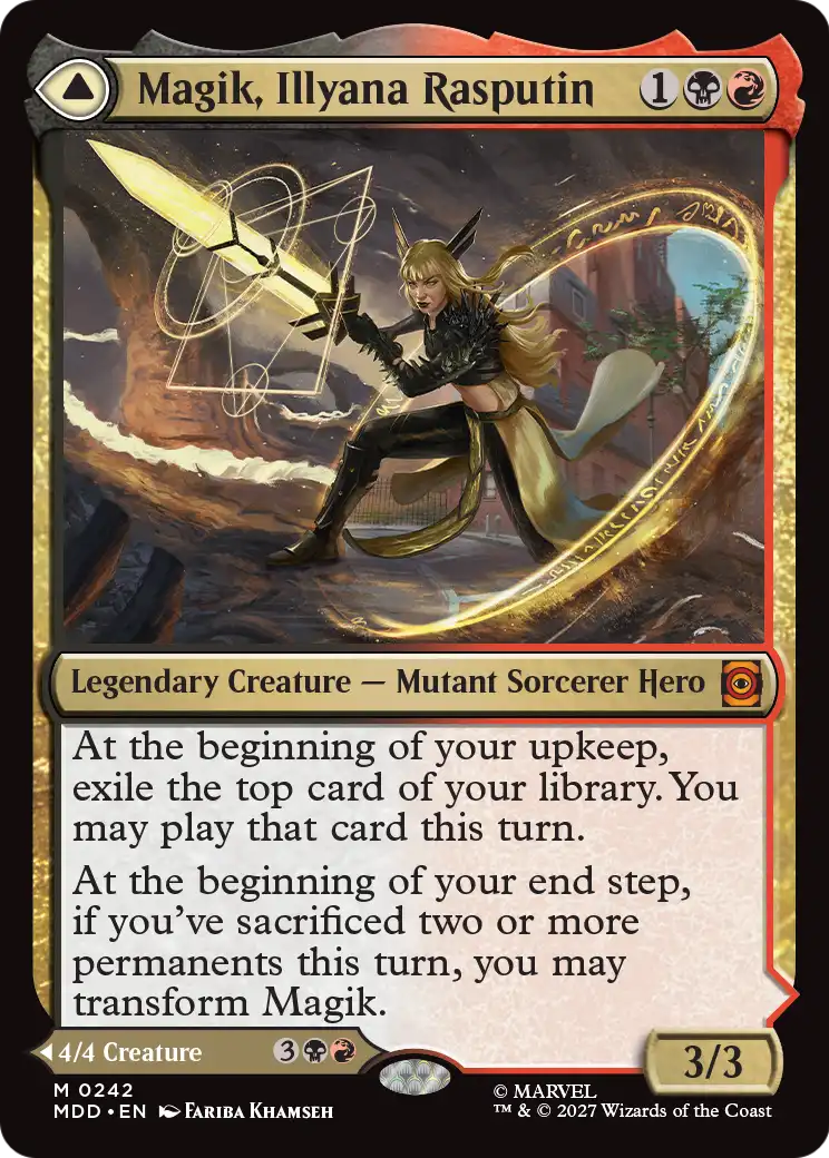 Magik, Illyana Rasputin // Darkchild, Demon Uncaged - Mythic Legendary Creature — Mutant Demon Sorcerer card from Marvel: Darkhold Destiny