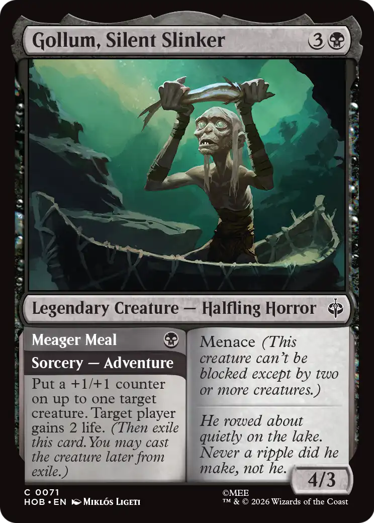 Gollum, Silent Slinker // Meager Meal - Common Legendary Creature — Halfling Horror card from The Hobbit