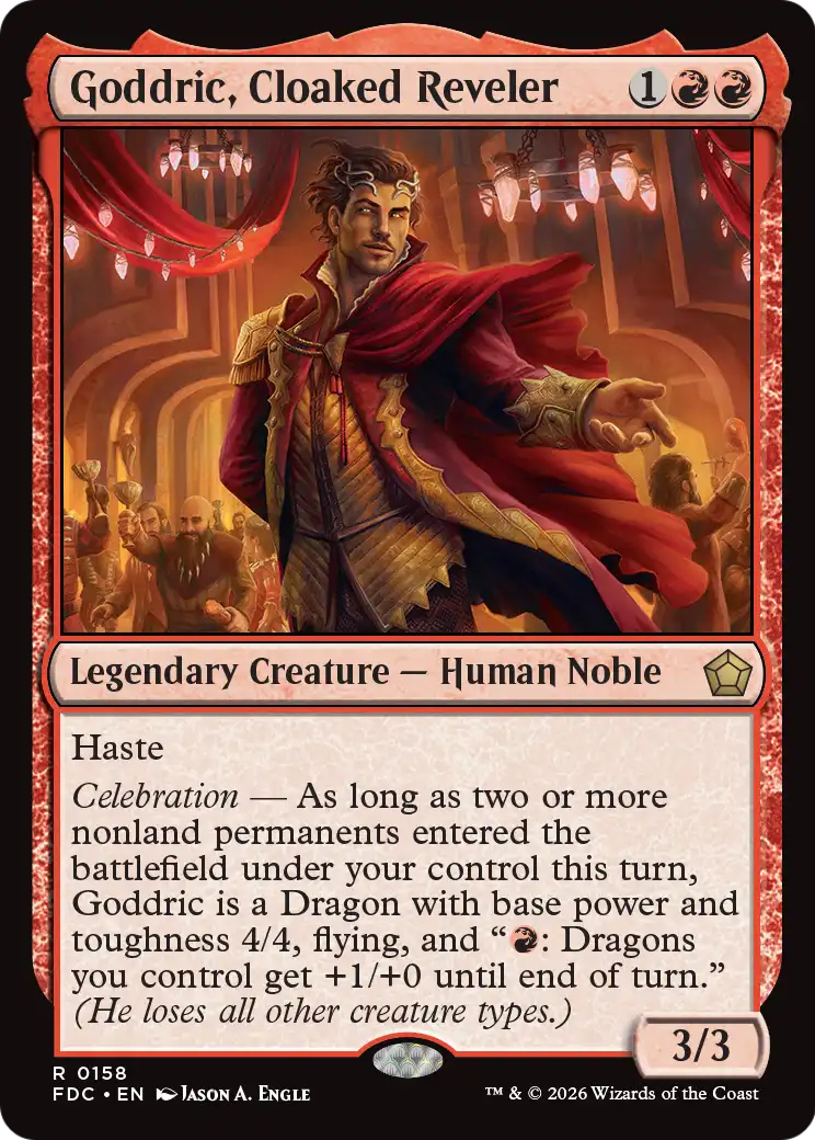 Goddric, Cloaked Reveler - Rare Legendary Creature — Human Noble card from Foundations Commander