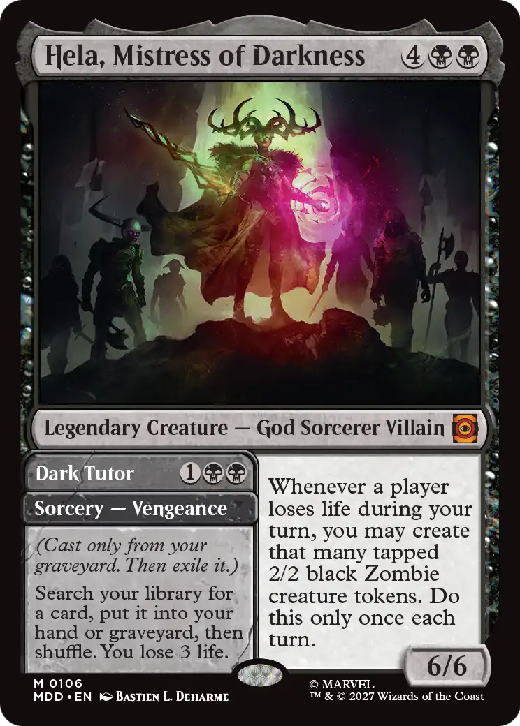 Hela, Mistress of Darkness // Dark Tutor - Mythic Legendary Creature — God Sorcerer Villain card from Marvel: Darkhold Destiny