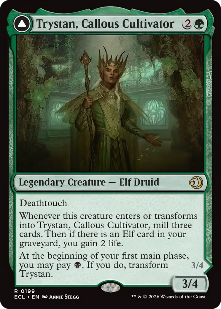 Trystan, Callous Cultivator // Trystan, Penitent Culler - Rare Legendary Creature — Elf Druid card from Lorwyn Eclipsed