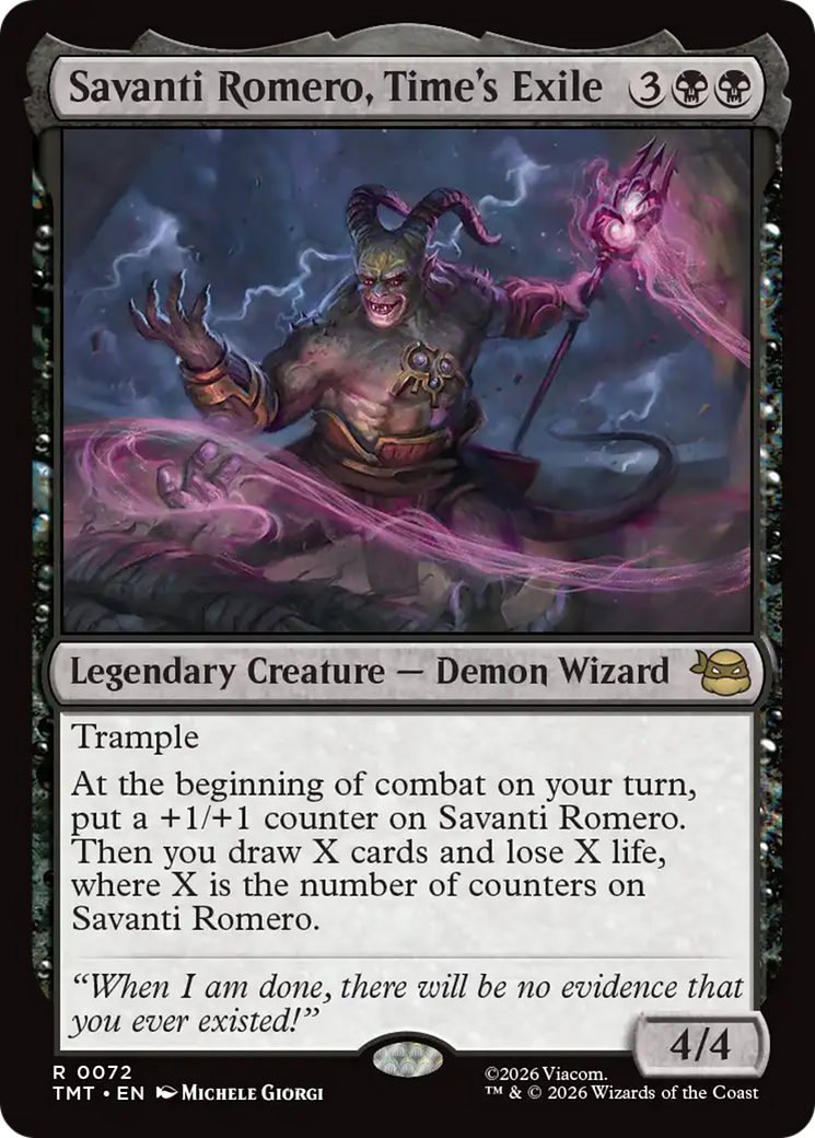 Savanti Romero, Time's Exile - Rare Legendary Creature — Demon Wizard card from Teenage Mutant Ninja Turtles