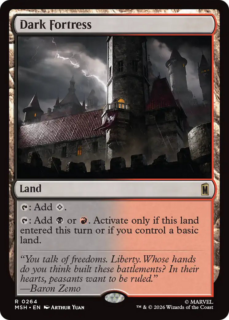 Dark Fortress - Rare Land card from Marvel Super Heroes