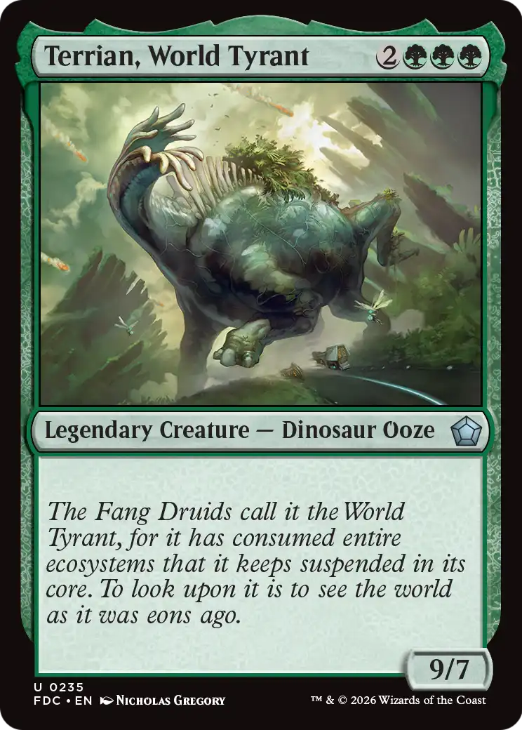 Terrian, World Tyrant - Uncommon Legendary Creature — Dinosaur Ooze card from Foundations Commander