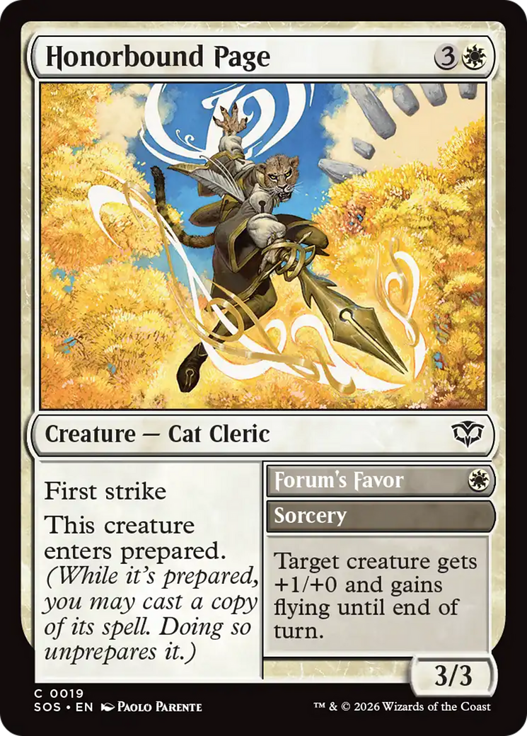 Honorbound Page // Forum's Favor - Common Creature — Cat Cleric card from Secrets of Strixhaven