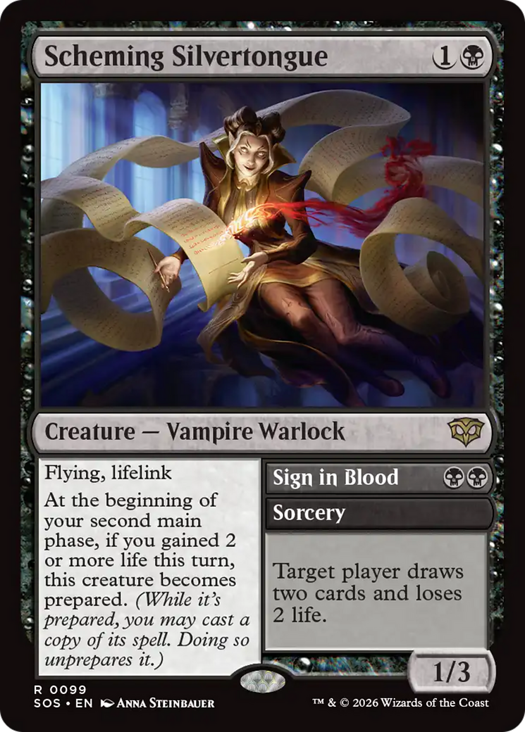 Scheming Silvertongue // Sign in Blood - Rare Creature — Vampire Warlock card from Secrets of Strixhaven
