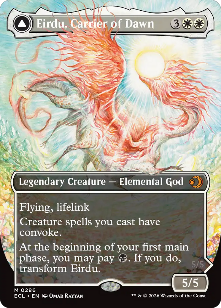 Eirdu, Carrier of Dawn // Isilu, Carrier of Twilight - Mythic Legendary Creature — Elemental God card from Lorwyn Eclipsed