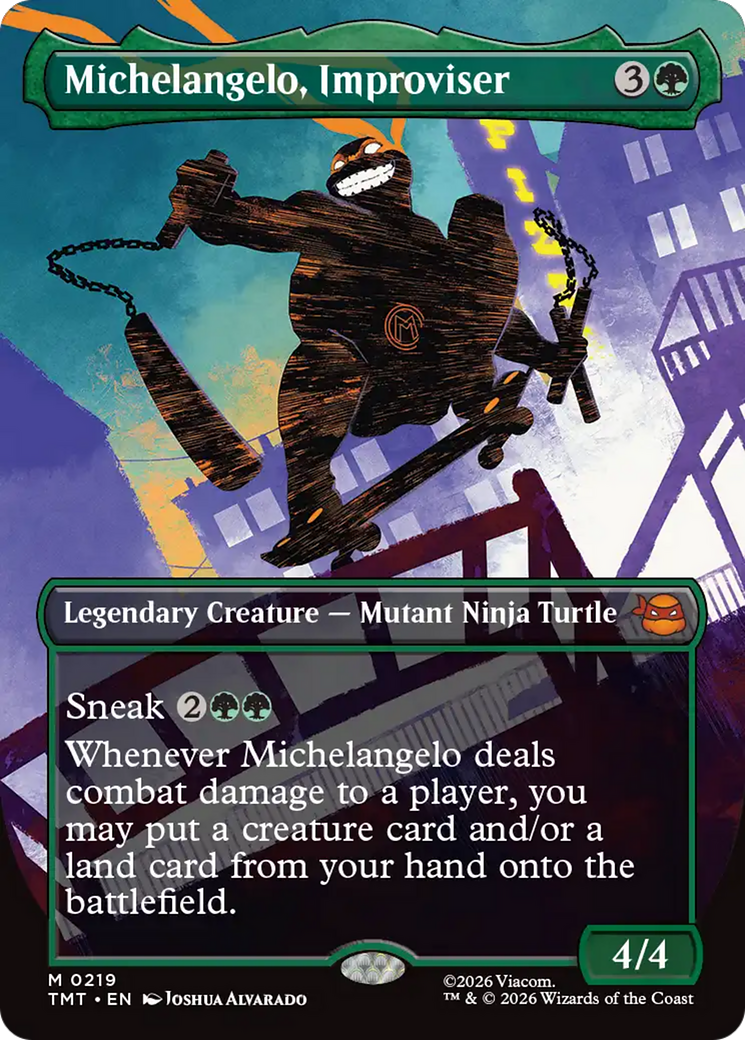 Michelangelo, Improviser - Mythic Legendary Creature — Mutant Ninja Turtle card from Teenage Mutant Ninja Turtles