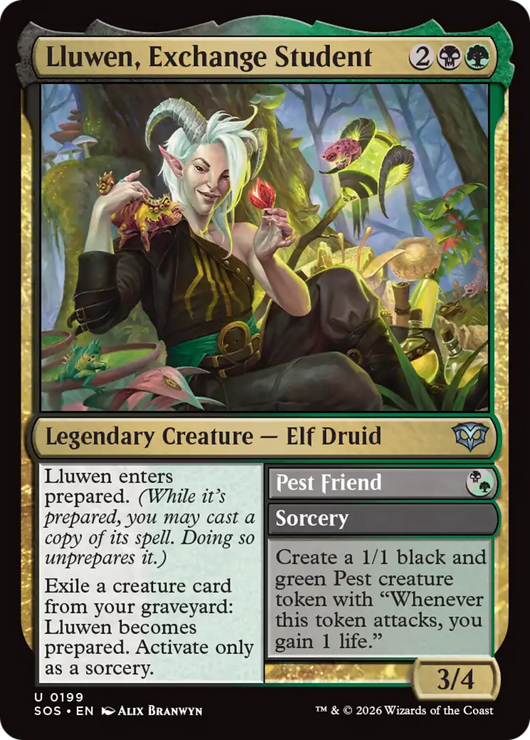 Lluwen, Exchange Student // Pest Friend - Uncommon Legendary Creature — Elf Druid card from Secrets of Strixhaven