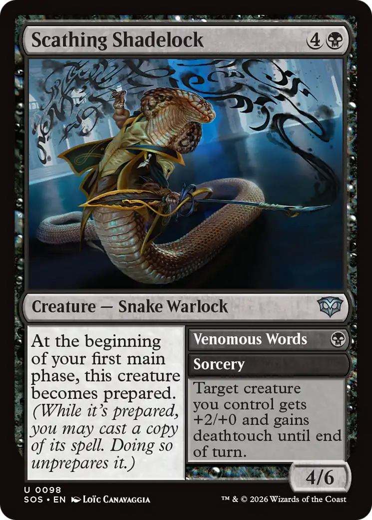Scathing Shadelock // Venomous Words - Uncommon Creature — Snake Warlock card from Secrets of Strixhaven