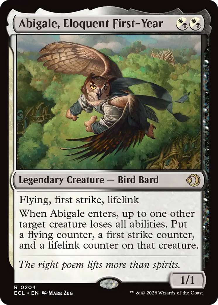 Abigale, Eloquent First-Year - Rare Legendary Creature — Bird Bard card from Lorwyn Eclipsed