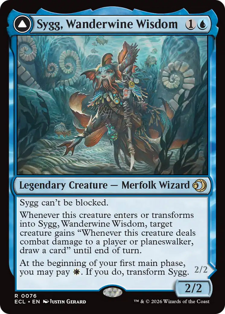 Sygg, Wanderwine Wisdom // Sygg, Wanderbrine Shield - Rare Legendary Creature — Merfolk Wizard card from Lorwyn Eclipsed