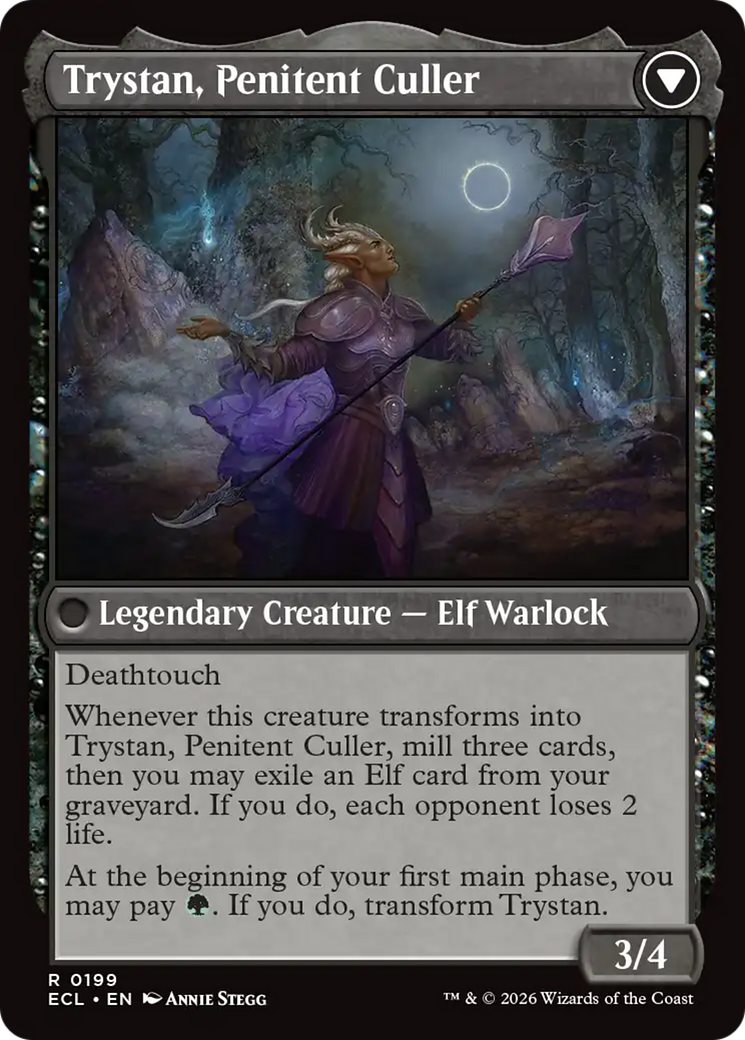 Back face of Trystan, Callous Cultivator // Trystan, Penitent Culler - Legendary Creature — Elf Warlock card