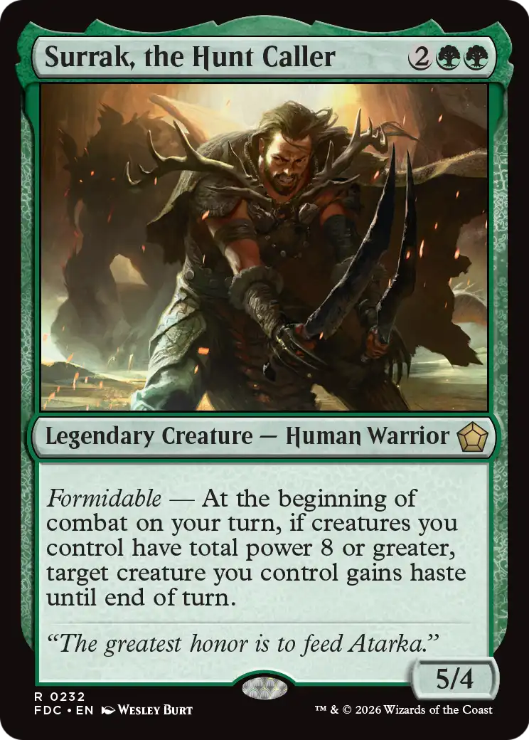 Surrak, the Hunt Caller - Rare Legendary Creature — Human Warrior card from Foundations Commander