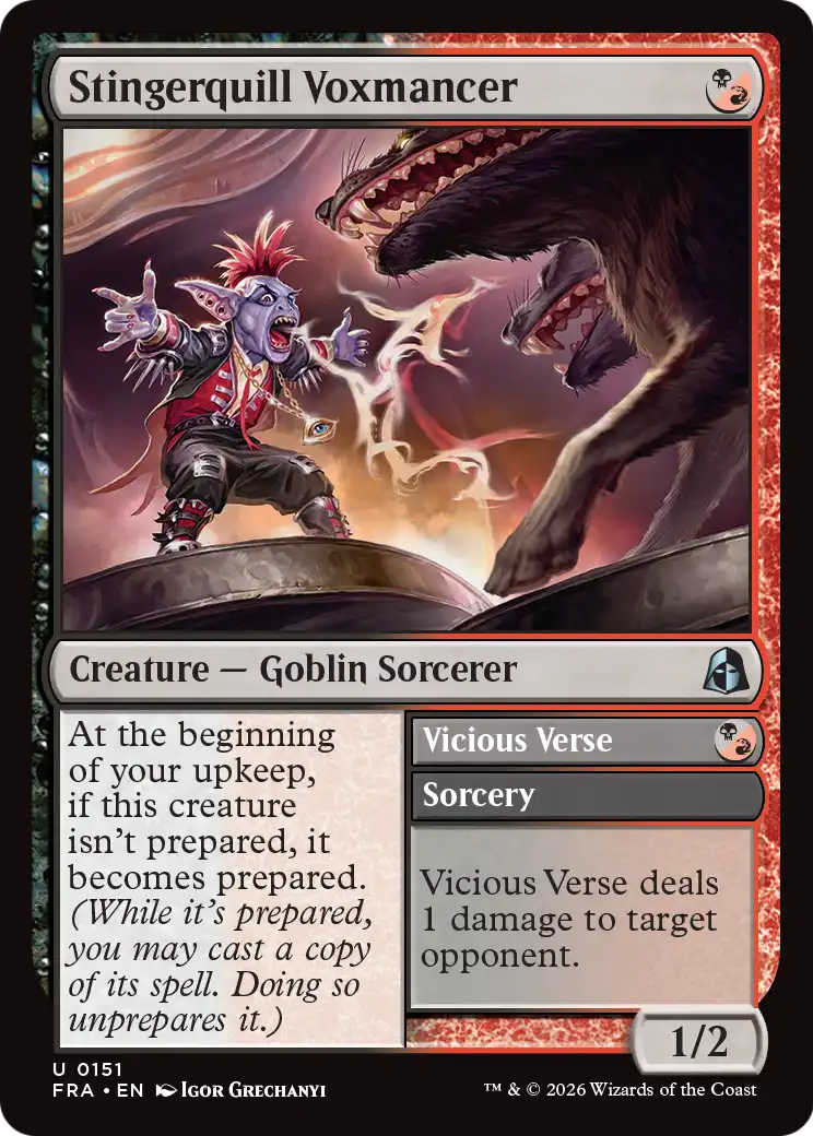 Stingerquill Voxmancer // Vicious Verse - Uncommon Creature — Goblin Sorcerer card from Reality Fracture