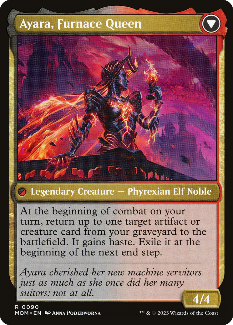 Back face of Ayara, Widow of the Realm // Ayara, Furnace Queen - Legendary Creature — Phyrexian Elf Noble card