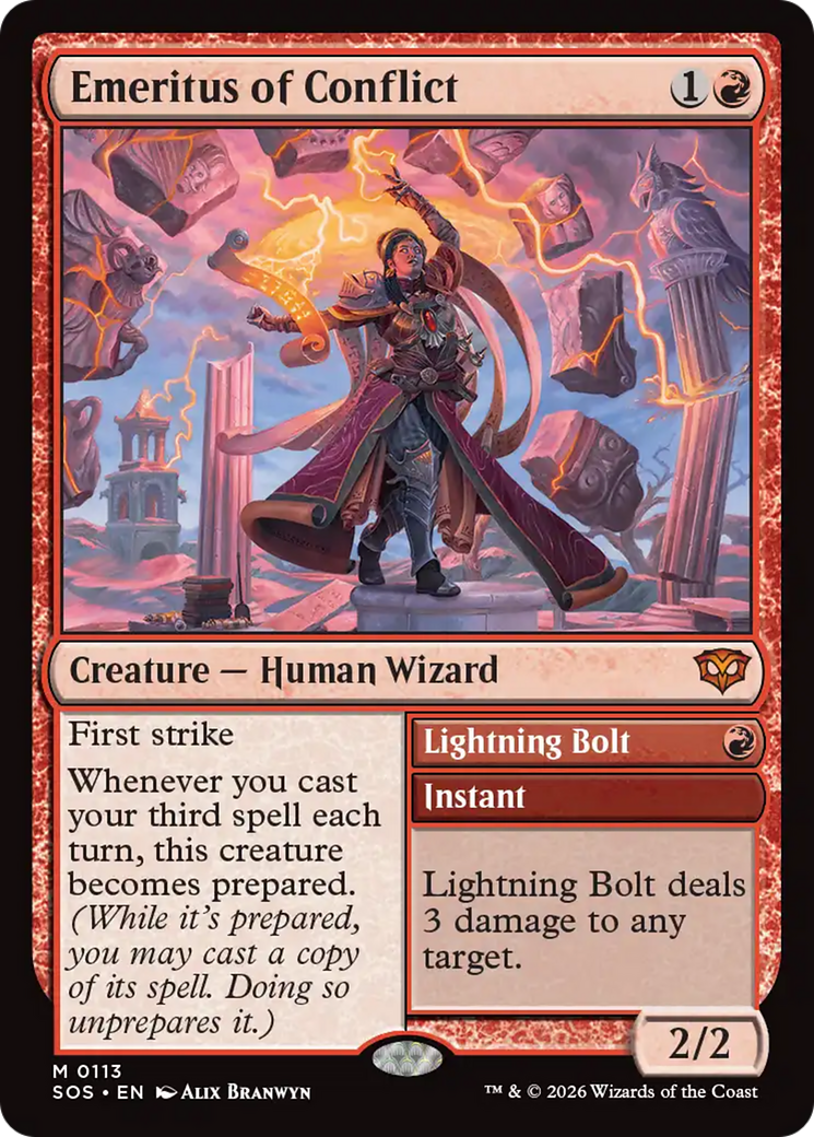 Emeritus of Conflict // Lightning Bolt - Mythic Creature — Human Wizard card from Secrets of Strixhaven