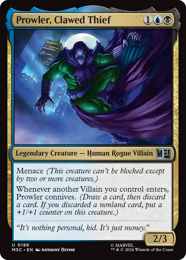 Prowler, Clawed Thief - Uncommon Legendary Creature — Human Rogue Villain card from Marvel Super Heroes Commander