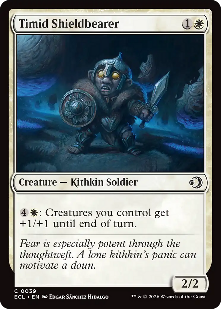 Timid Shieldbearer - Common Creature — Kithkin Soldier card from Lorwyn Eclipsed