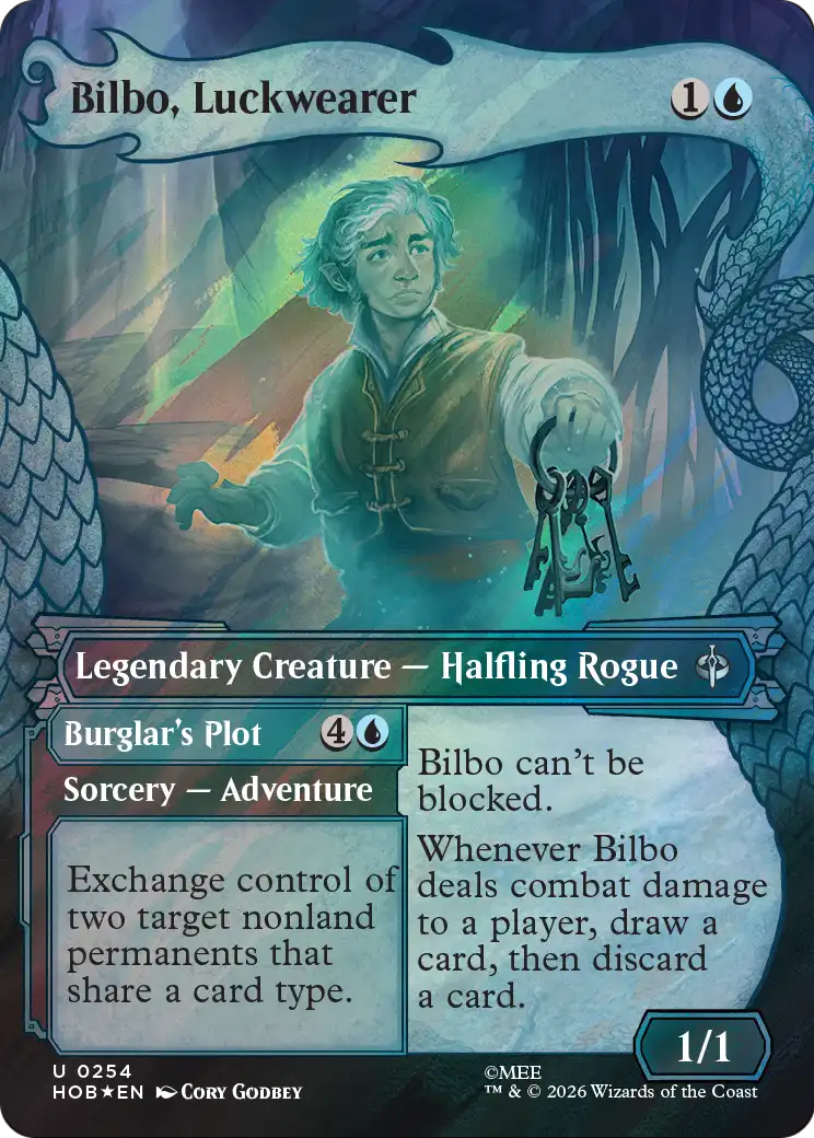 Bilbo, Luckwearer // Burglar's Plot - Uncommon Legendary Creature — Halfling Rogue card from The Hobbit