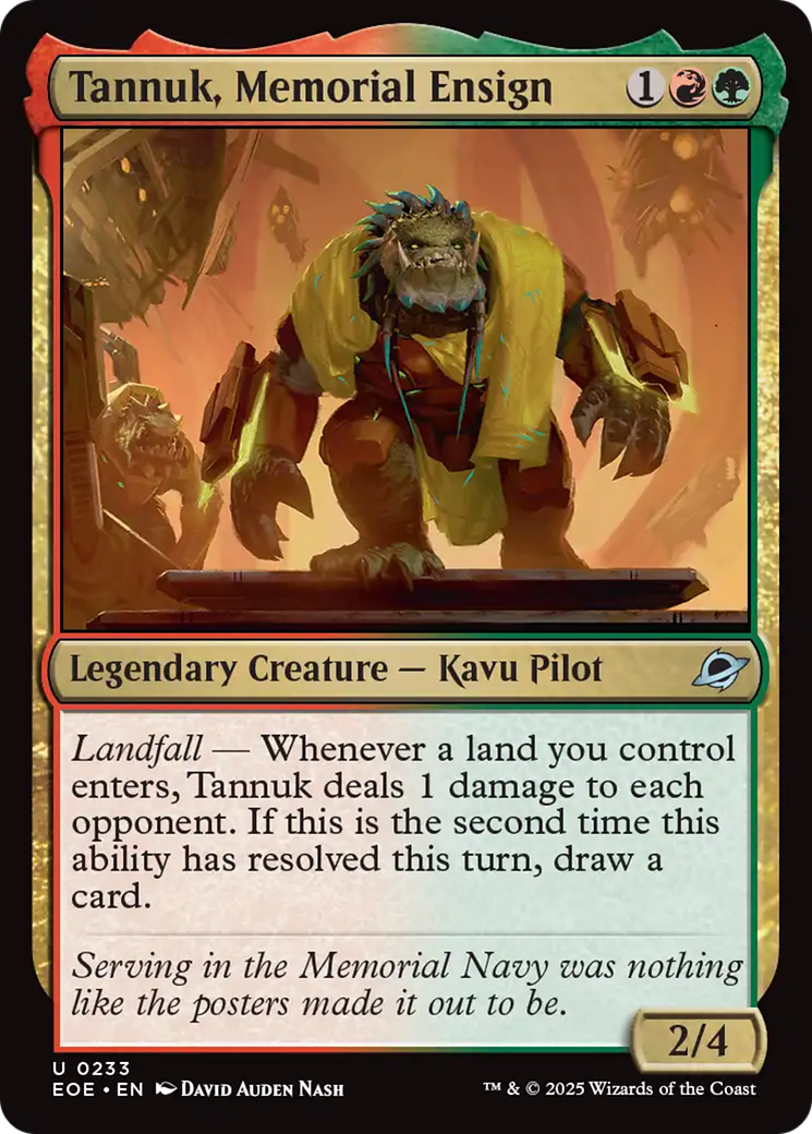Tannuk, Memorial Ensign - Uncommon Legendary Creature — Kavu Pilot card from Edge of Eternities